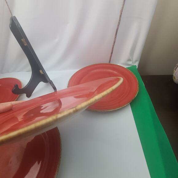 Lot Of 4 Thomson Pottery SEDONA 10.5” Dinner Plates: Red Swirl • Brown Rim - Picture 3 of 6